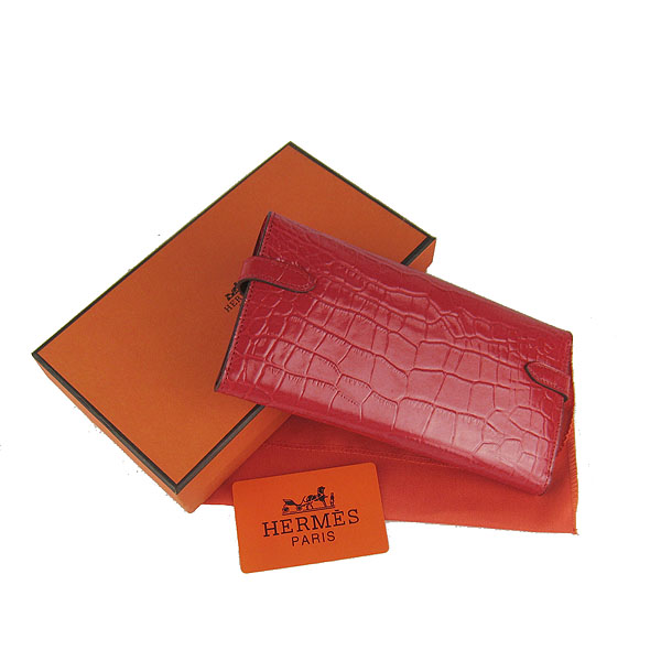 High Quality Hermes Kelly Crocodile Veins Long Clutch Bag Red H009 Replica